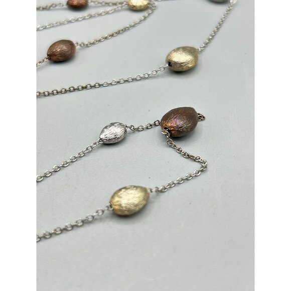 Tri-Color Station Necklace with Silver Gold & Copper Toned Beads Dainty Thin Cha - Picture 3 of 6